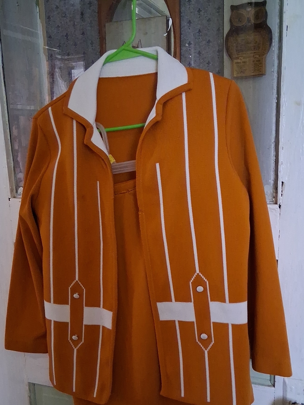 Women's Orange Stripe Knit Jacket with White Trim Matching Skirt. Vintage 1970s